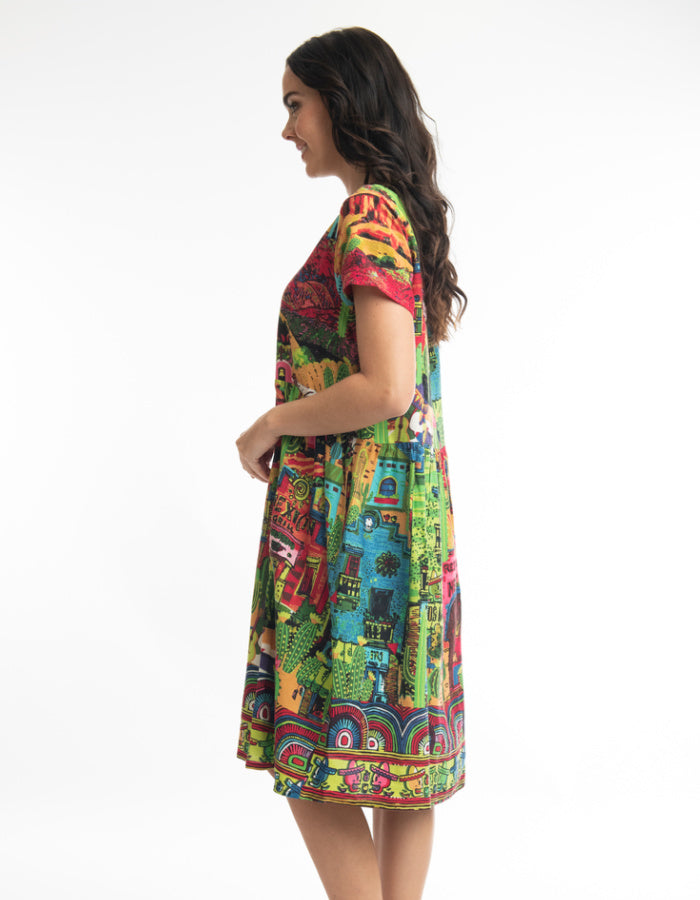 loose fit oversized dress with short sleeves with colourful El Paso print