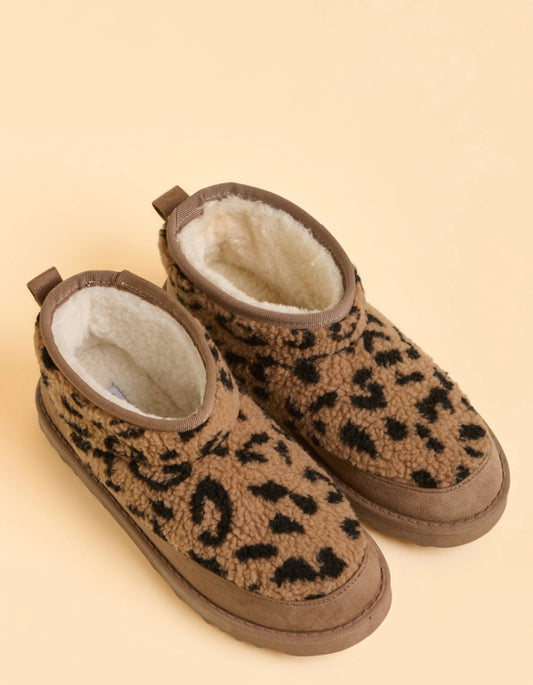 Pair of leopard print slippers on a beige background