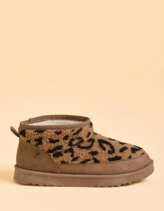 Brown slipper with leopard print pattern on a beige background