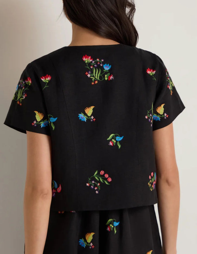 black linen cropped jacket with floral embroidery