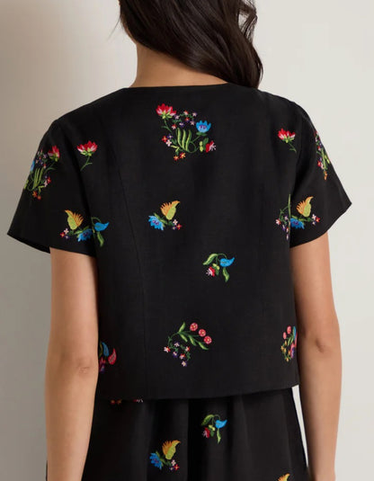 black linen cropped jacket with floral embroidery