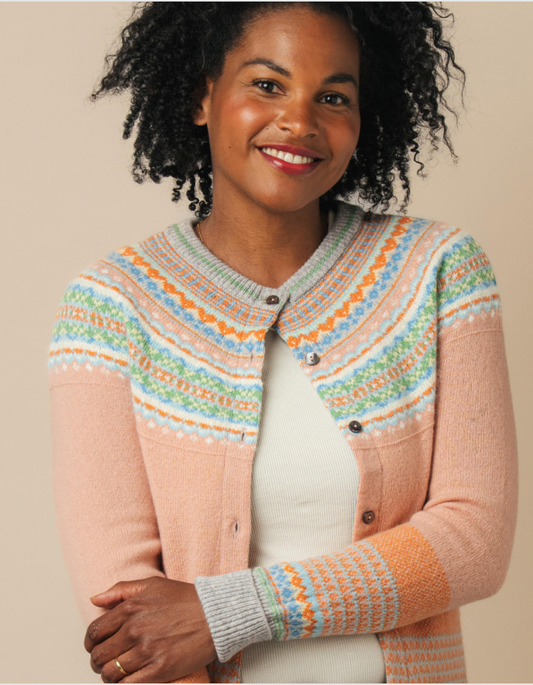 woman wearing peach fair isle cardigan