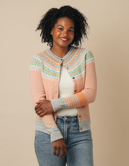 woman wearing peach fair isle cardigan