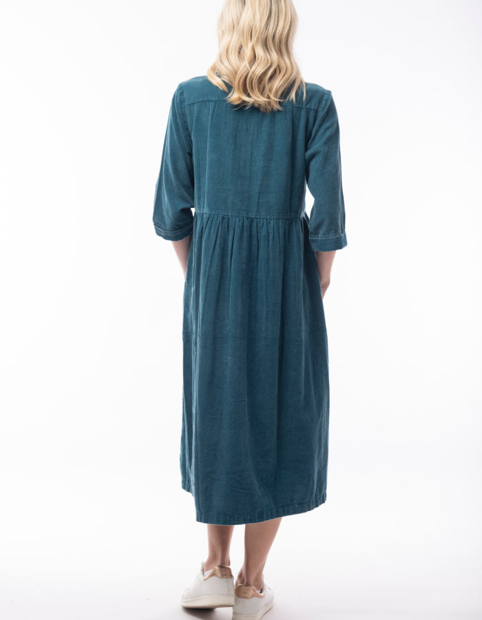 needlecord midi length shirt dress in faded teal colour, button down front closure and three quarter sleeves