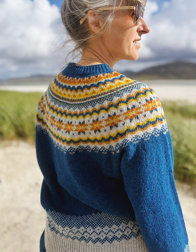 A woman outdoors wearing a blue knit sweater with a colorful Fair Isle yoke pattern in yellow, orange, and cream, photographed from the back and side against a blurred beach and sky background.