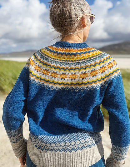 A person viewed from behind wearing a blue knit sweater with a colorful Fair Isle yoke and hem, standing outdoors near a sandy beach and cloudy sky.