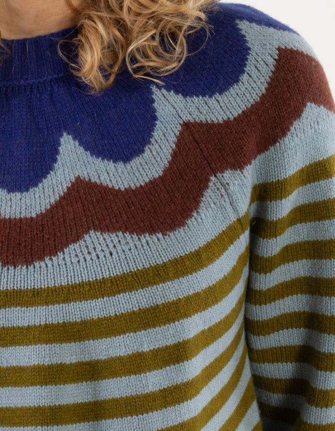 Close-up of a sweater with blue, brown, and striped patterns.