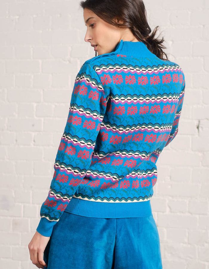 Pretty Vacant Button Shoulder Sweater in Floral Fair Isle