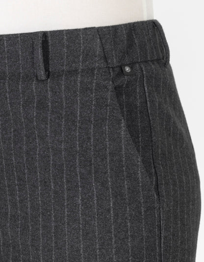 Grey pinstripe pants worn by a person on a white background
