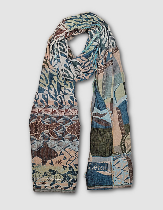 French jacquard scarf in aqua with fish print