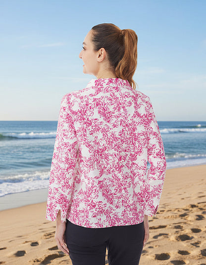 woman wearing cotton shirt with pink fish print