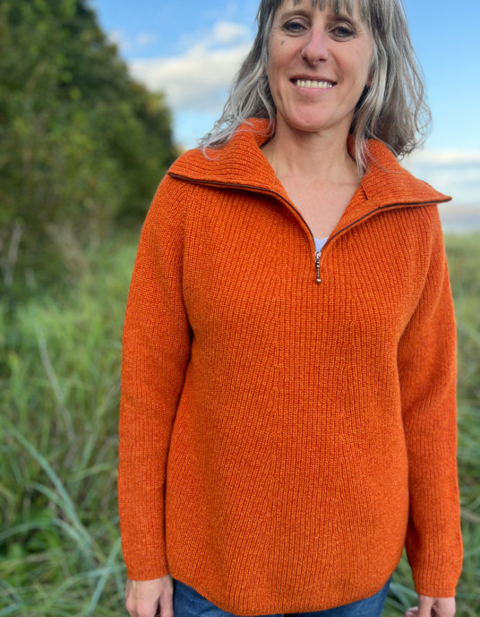 orange melange ribbed lambswool swing sweater with half zip 