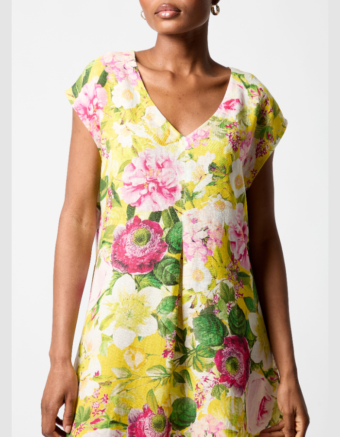floral summer midi length linen dress with pink and yellow print