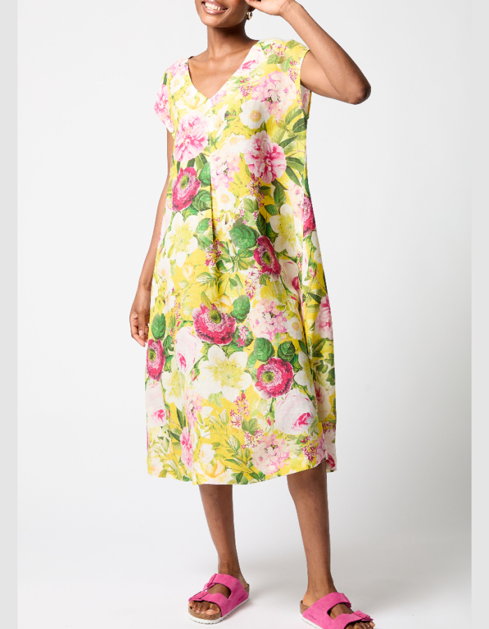 floral summer midi length linen dress with pink and yellow print