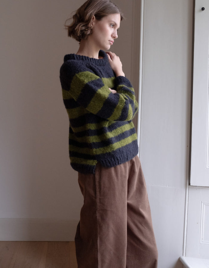 green and navy chunky mohair hand knit sweater