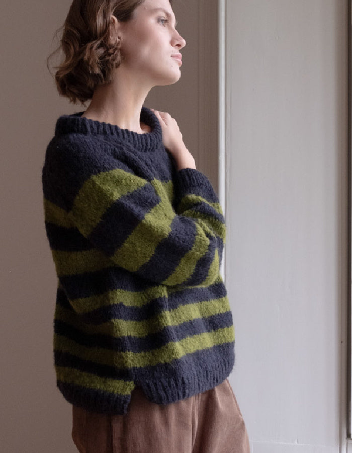 green and navy chunky mohair hand knit sweater