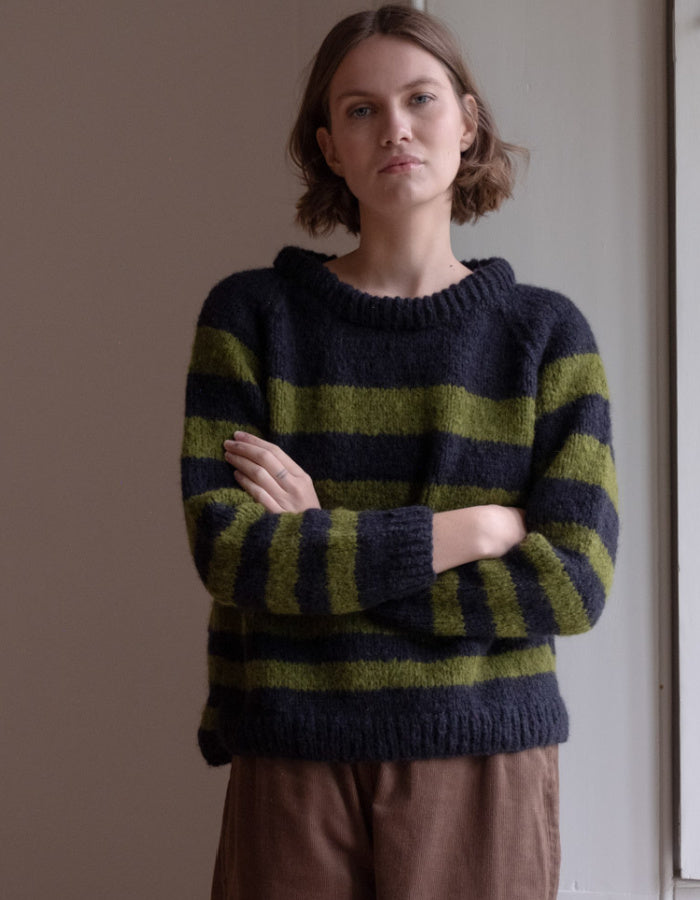 green and navy chunky mohair hand knit sweater