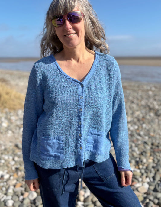 blue textured cotton cardigan 