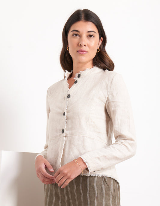 beige linen cropped summer jacket with shaped waistline and pleated peplum shaping at the back with frayed edges