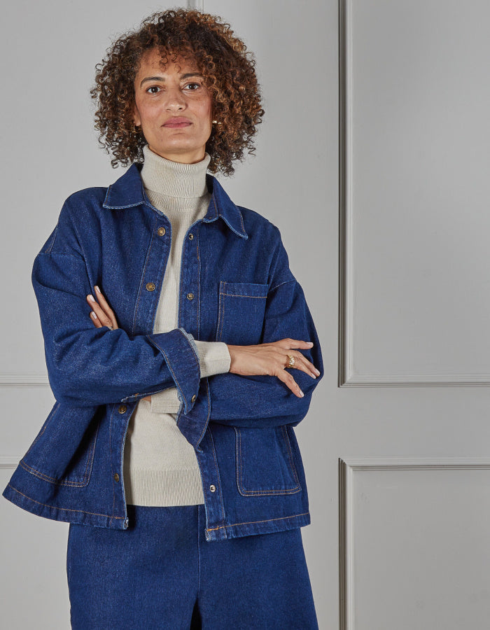 heavy denim boxy fit jacket with work inspired detail and fit