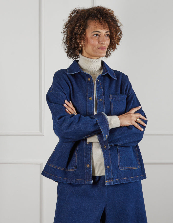 heavy denim boxy fit jacket with work inspired detail and fit