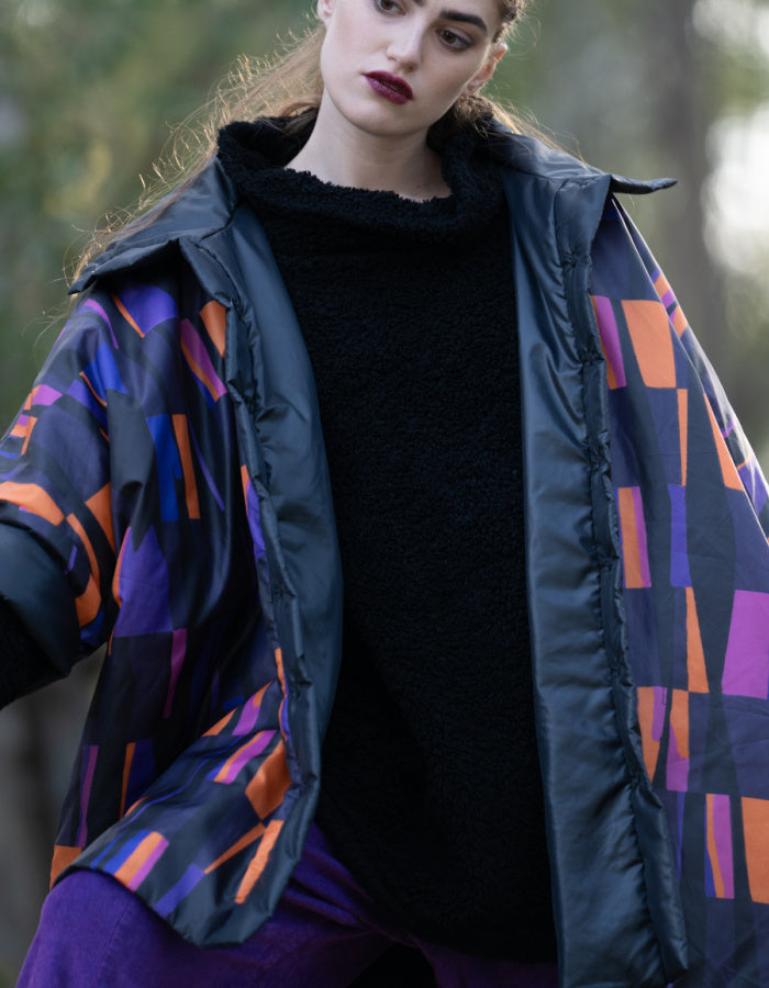 reversible oversized lightweight coat in black and purple and orange print