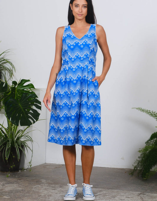 blue and white geo print sleeveless cotton dress