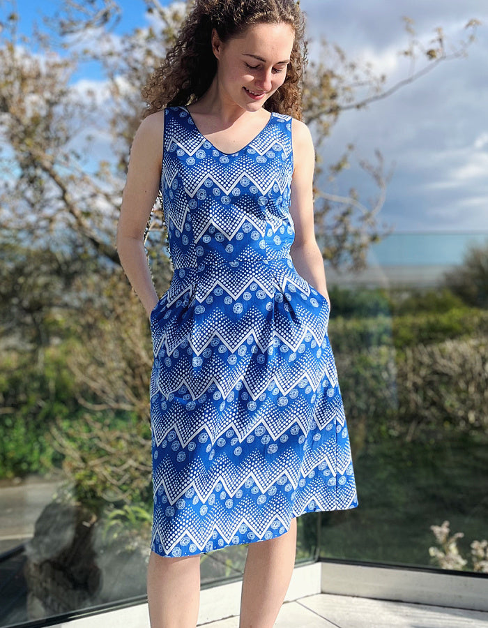 blue and white geo print sleeveless cotton dress