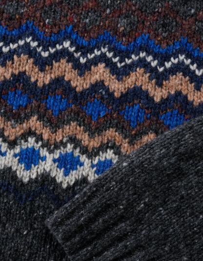 Close-up of a knitted fabric with a pattern featuring blue, brown, and white colors.