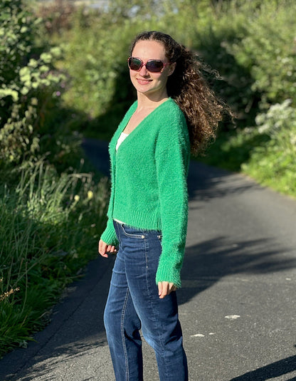 green fluffy short cardigan