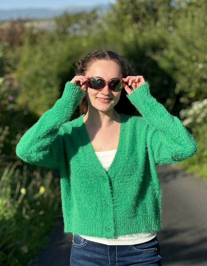 green fluffy short cardigan