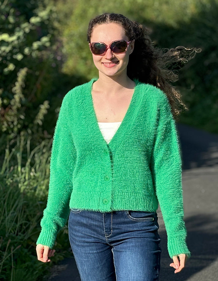 green fluffy short cardigan