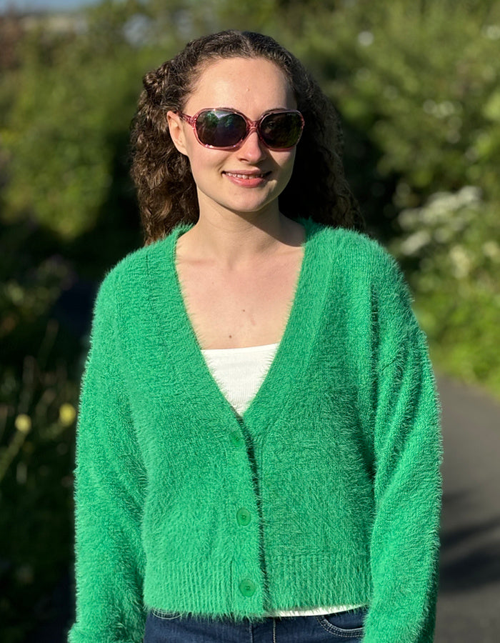 green fluffy short cardigan