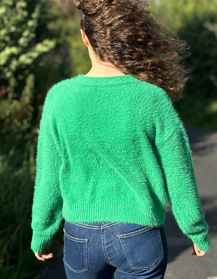 green fluffy short cardigan