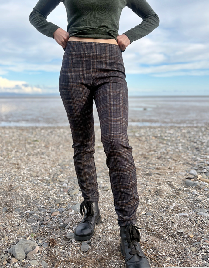 grey brown and black plaid print slim fit pull on trousers