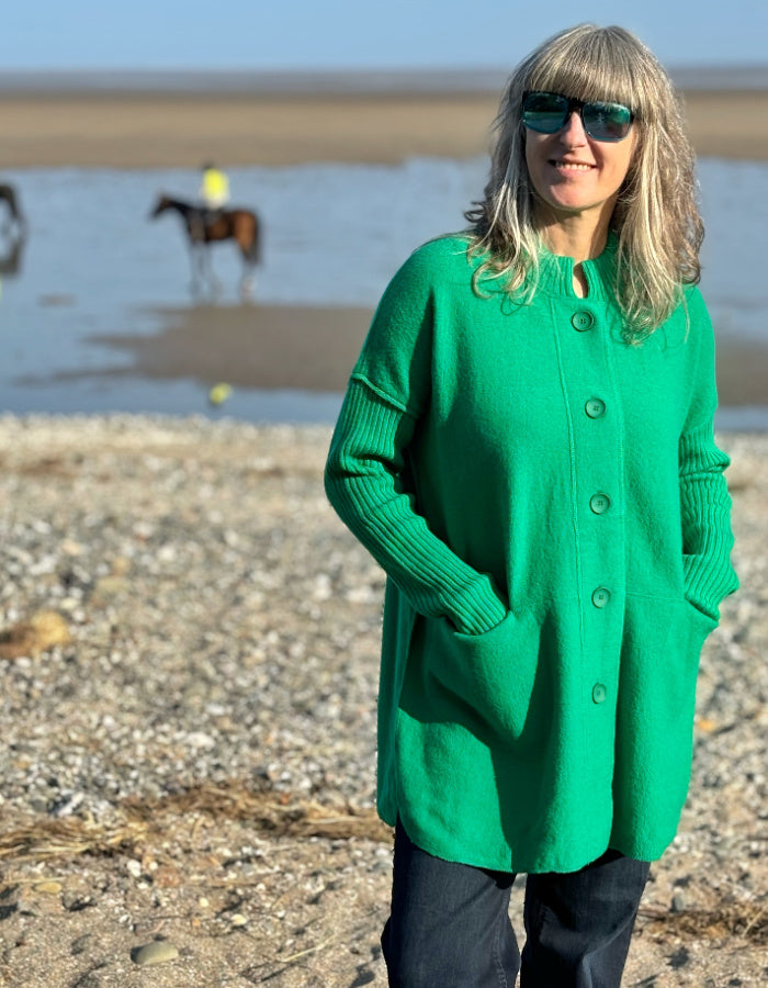 See Saw Ribbed Sleeve Coat in Emerald