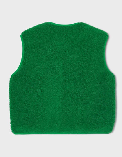 A bright green fleece vest shown from the back, photographed flat against a light gray background.