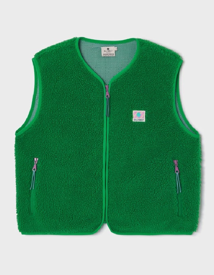 A bright green fleece vest with a mesh inner lining, a front zipper, and two zippered pockets, shown flat against a light gray background.