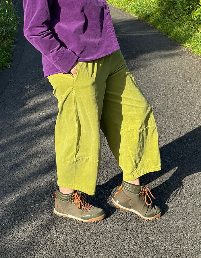 green needlecord lantern pants