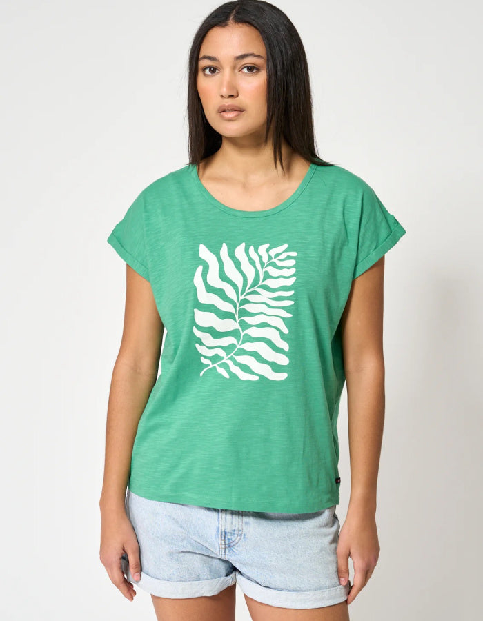 green cotton short sleeve t shirt with white leaf motif print