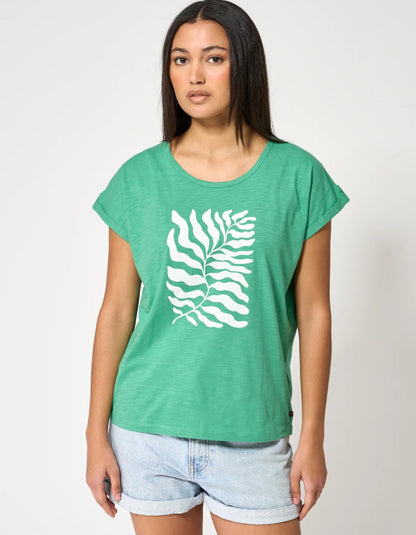 green cotton short sleeve t shirt with white leaf motif print