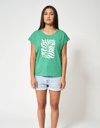 green cotton short sleeve t shirt with white leaf motif print