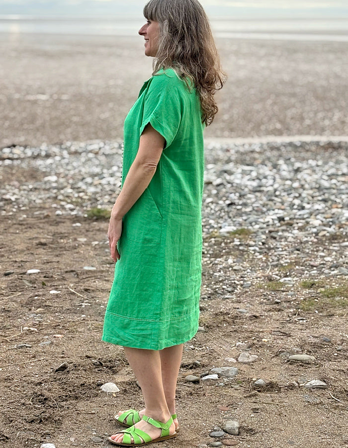 green midi length linen shirt dress