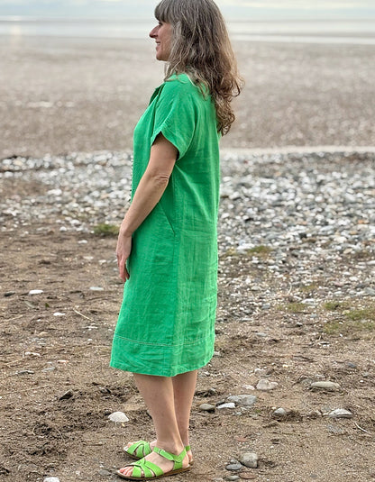 green midi length linen shirt dress