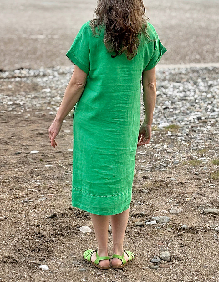 green midi length linen shirt dress