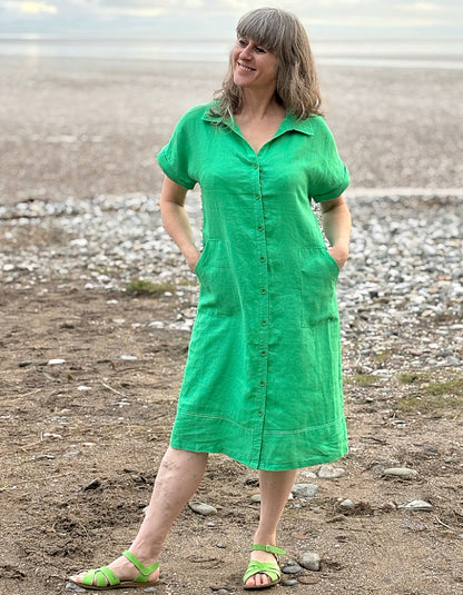 green midi length linen shirt dress