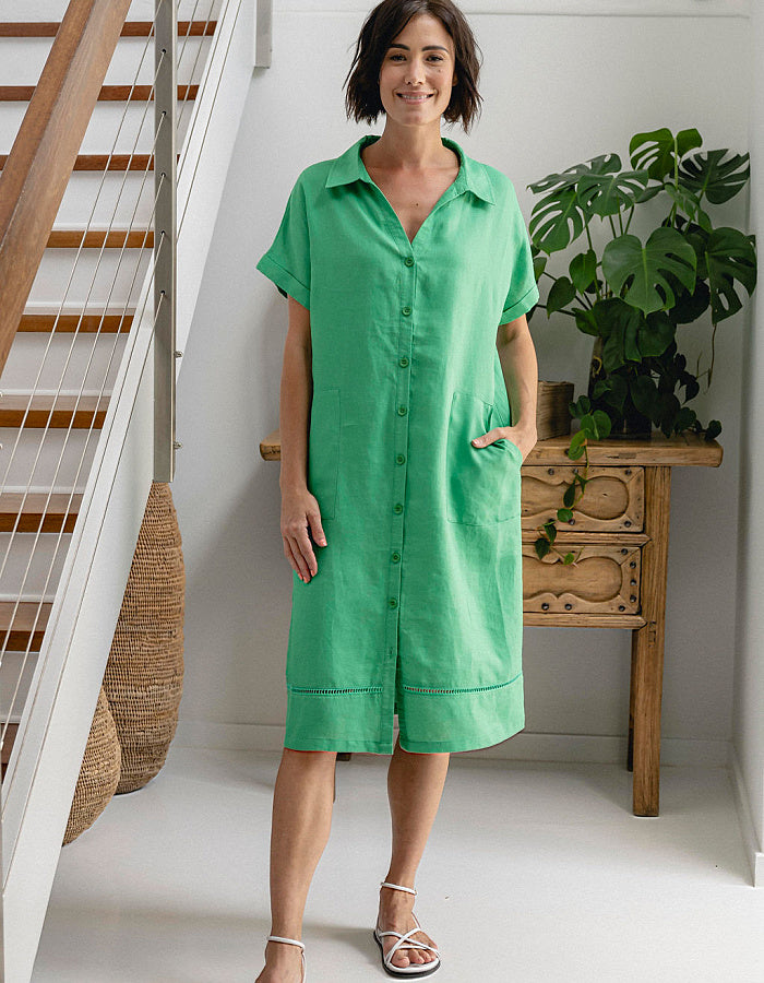 green midi length linen shirt dress