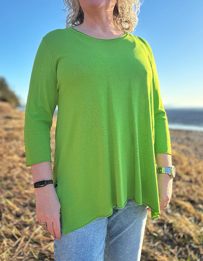 lightweight green viscose blend sweater with A-line shape