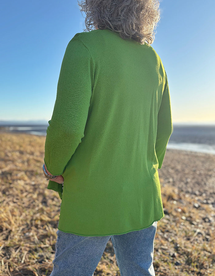 lightweight green viscose blend sweater with A-line shape