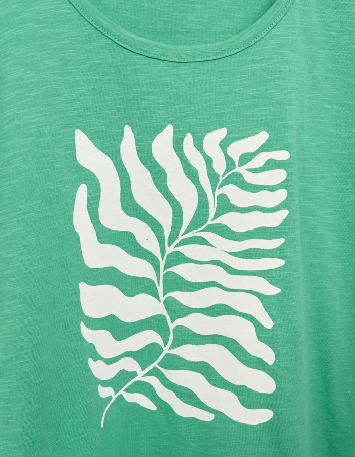 green cotton short sleeve t shirt with white leaf motif print